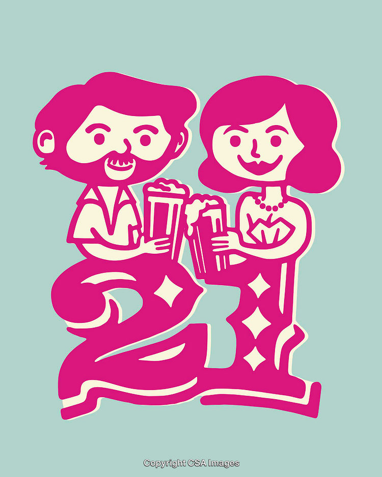 Colorful Illustration of a Toasting Couple with Number 21 in Background
