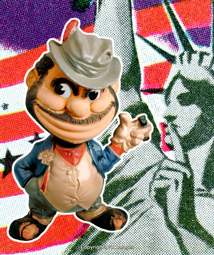Whimsical Cartoon Figurine with Patriotic Backdrop Featuring Liberty Statue