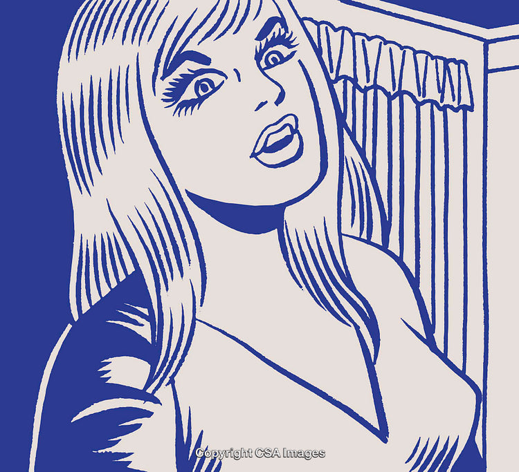 Retro Pop-Art Style Illustration of a Surprised Woman in Blue Tones