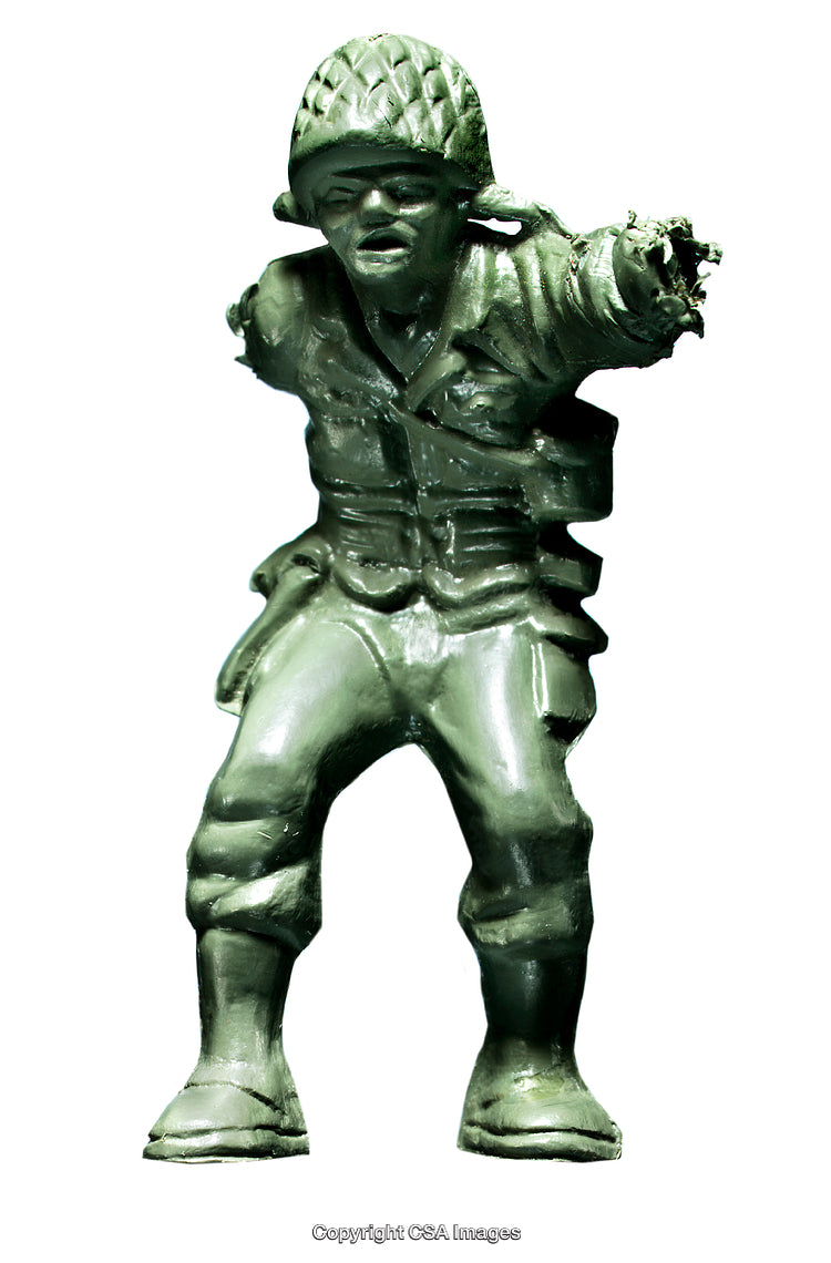 Close-Up of a Green Plastic Soldier Toy Figure on White Background