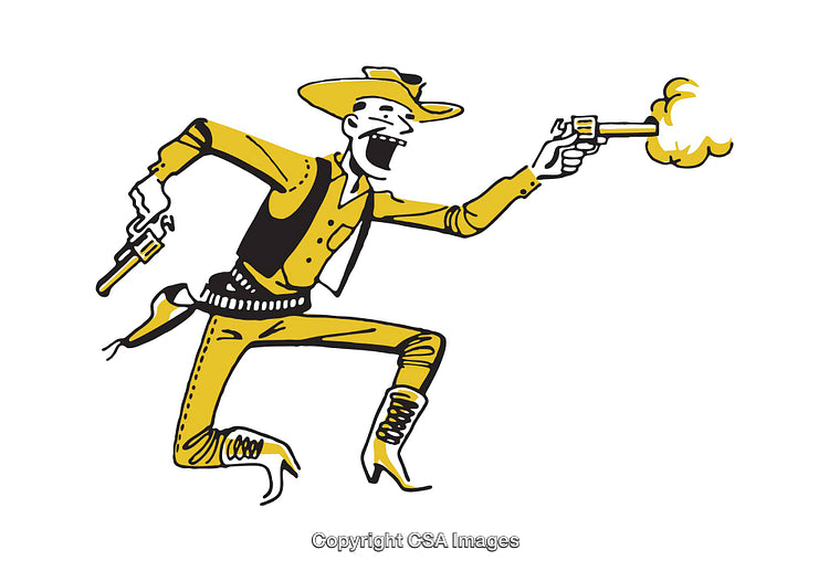 Colorful Illustration of a Cowboy Shooting Dual Pistols in Action