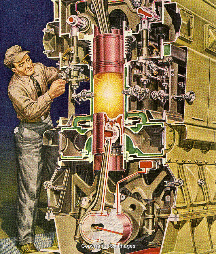 Technician Repairing an Engine Cutaway with Internal Combustion Demonstration