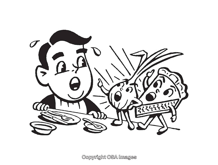 Humorous Black and White Cartoon of Anthropomorphic Food Characters