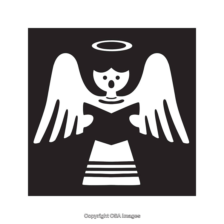 Black and White Icon of a Singing Angel with Halo and Wings
