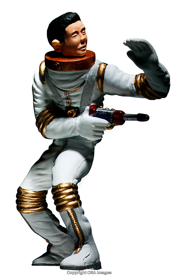 Retro Futuristic Space Explorer Figurine Holding a Sci-Fi Energy Weapon