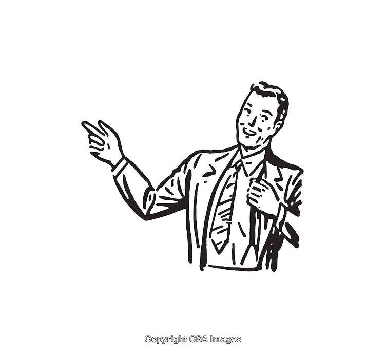 Retro Male Businessman Pointing and Smiling Illustration in Line Art Style