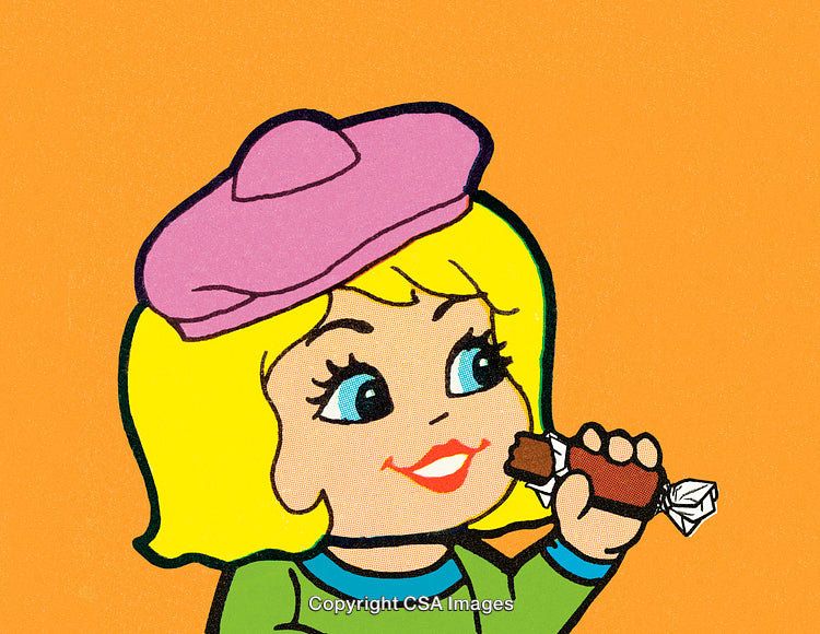 Retro Illustration of a Girl Eating Candy Bar on Orange Background