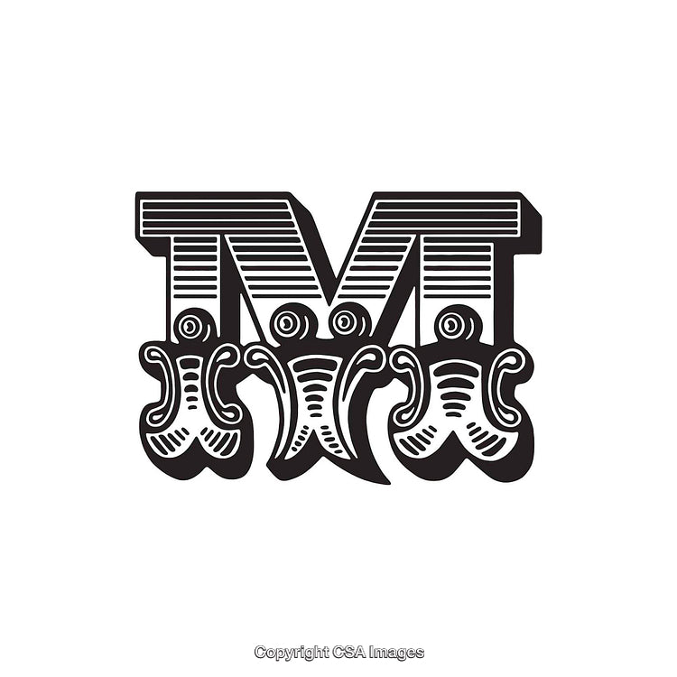 Intricately Designed Monochrome Letter M with Decorative Patterns and Figures