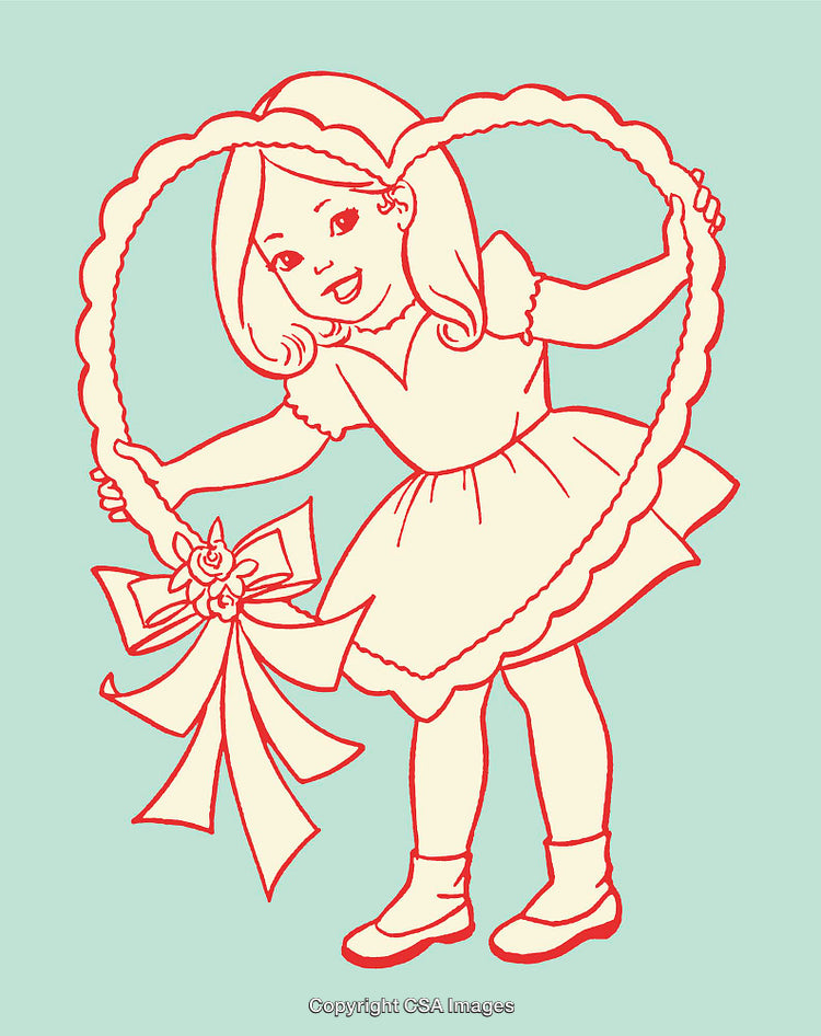 Vintage Line Art Illustration of a Girl Holding a Large Heart Shape