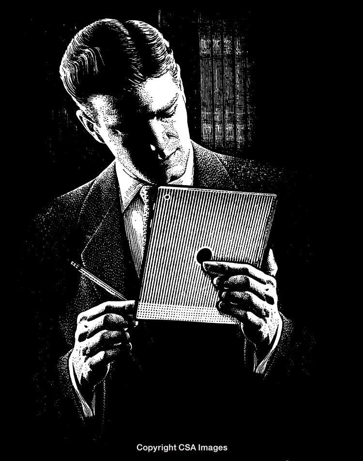 Detailed Black and White Engraving of a Man Reading a Document