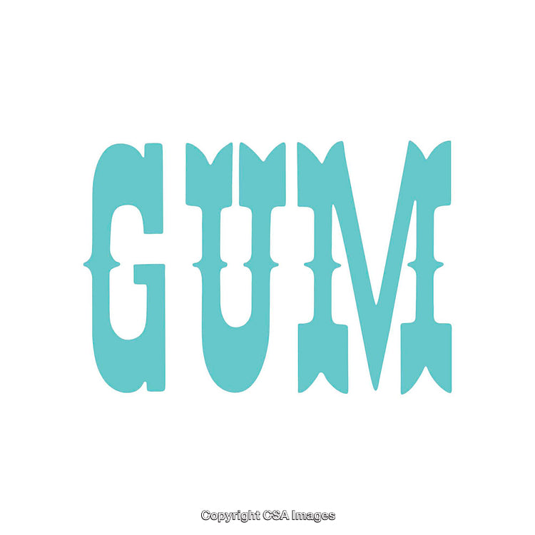 Turquoise Stylized Typography of the Word GUM on White Background