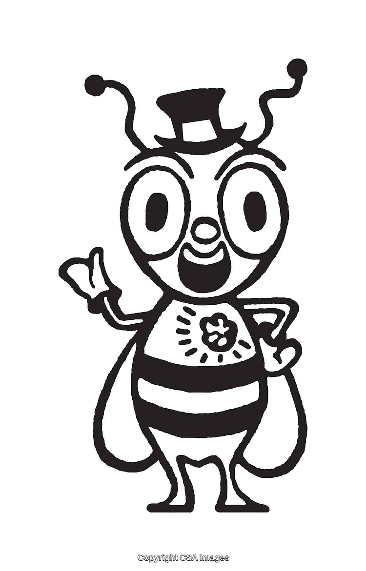 Black And White Illustration of a Cheerful Bee Mascot in a Top Hat