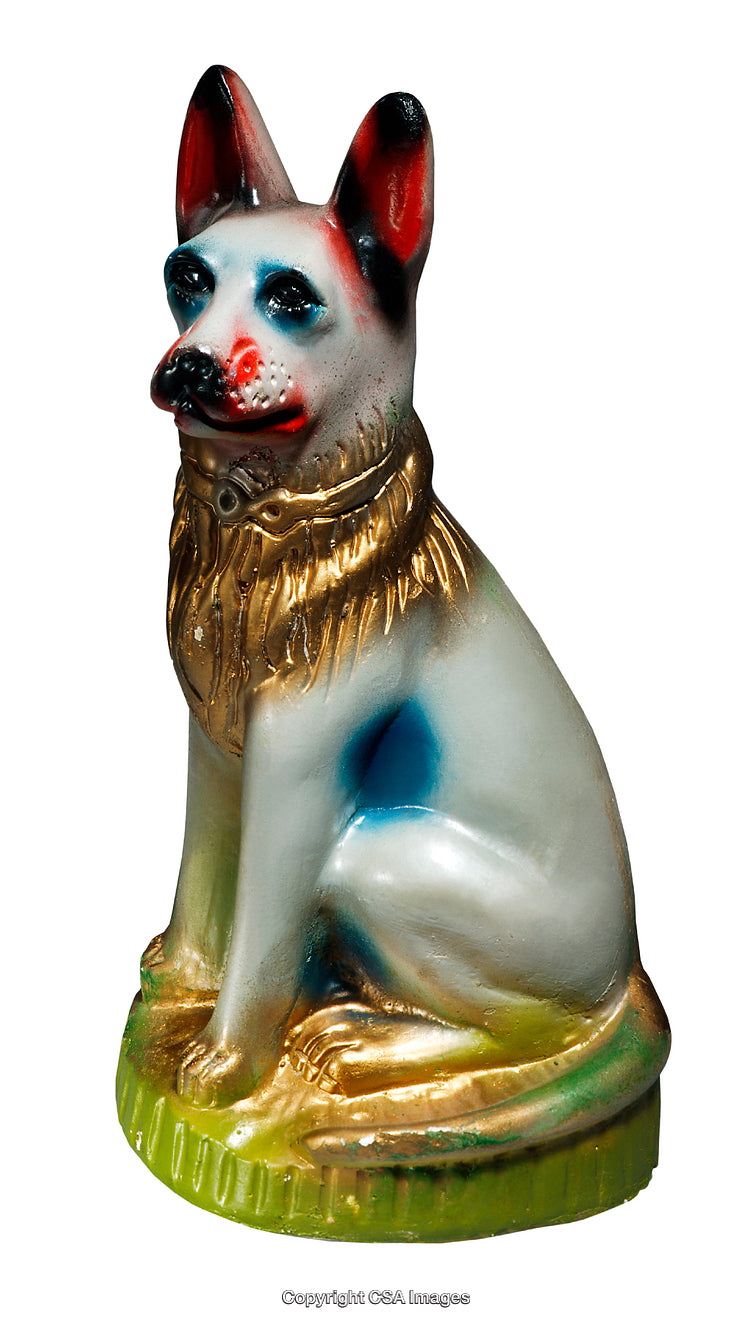 Colorful Painted Dog Figurine with Golden Accents on a Glossy Base