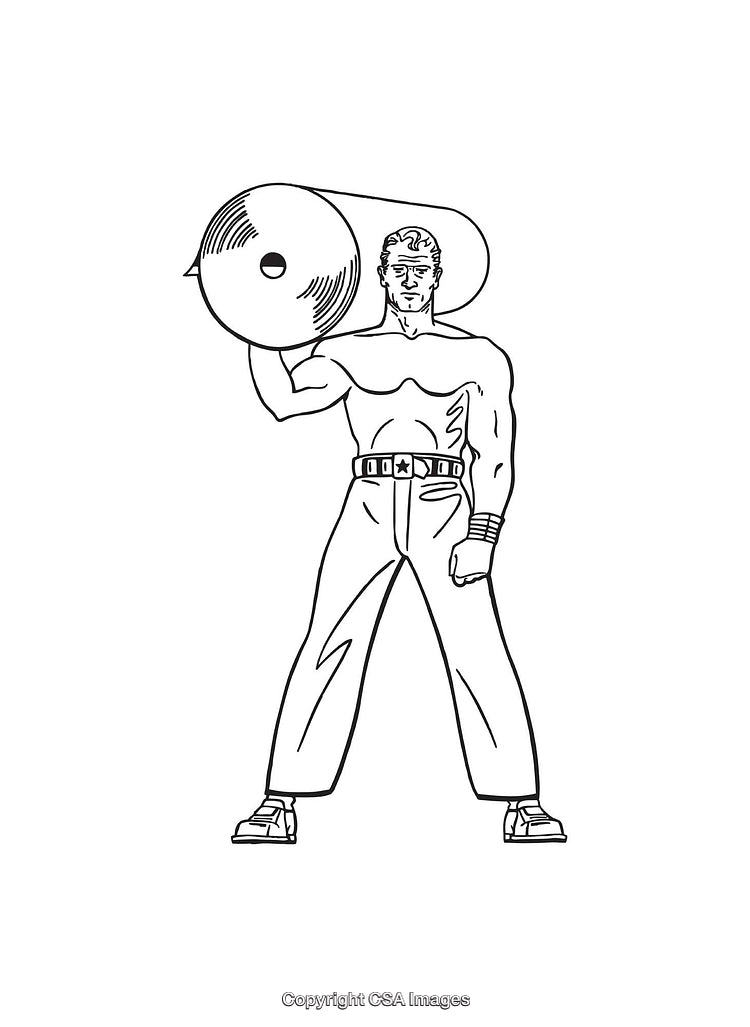Line Art Illustration of a Strongman Holding a Large Cylinder Object