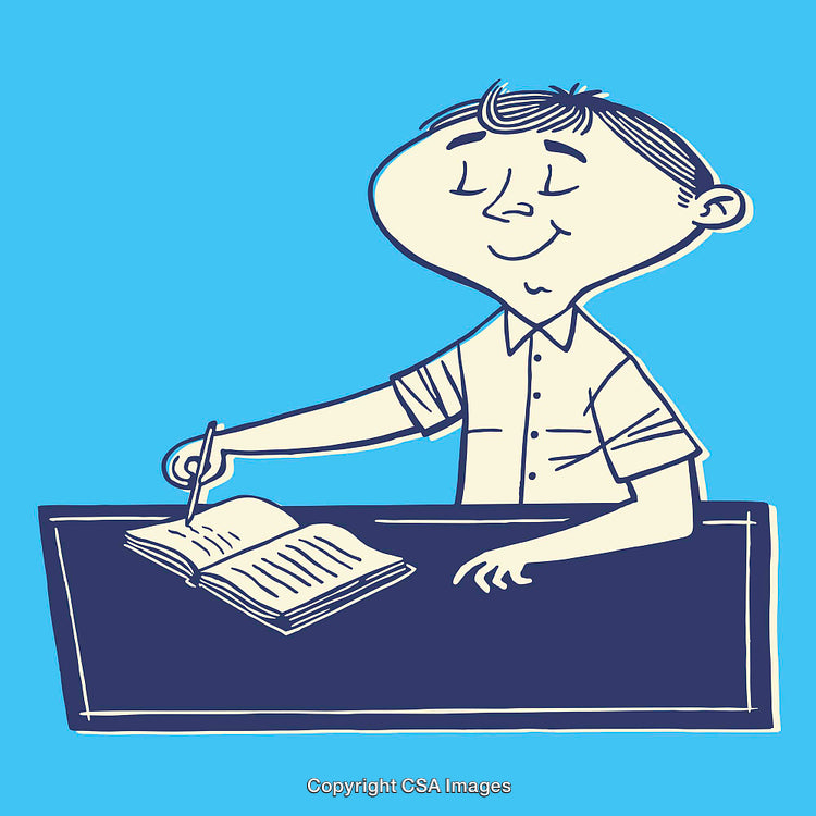 Cartoon Child Writing at a Desk in Blue-White Color Theme