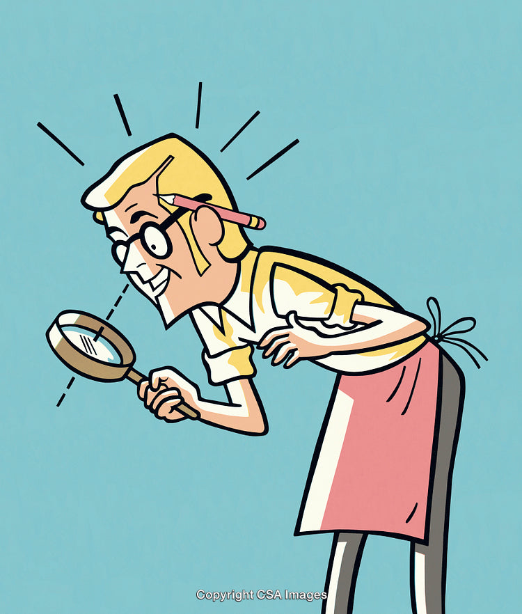 Cartoon Character Examining Objects with Magnifying Glass on Blue Background