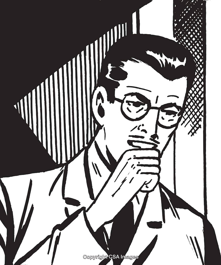 Classic Black and White Illustration of a Thoughtful Man in Glasses
