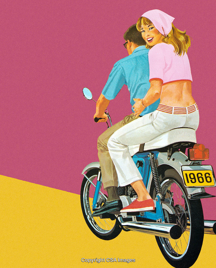 Retro Styled Couple Riding a Classic Motorcycle in Vibrant Colors