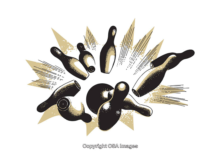 Dynamic Retro Bowling Art with Exploding Pins And Ball Impact