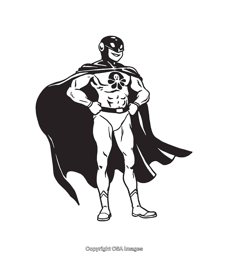Black and White Illustration of a Heroic Superhero Standing Confidently