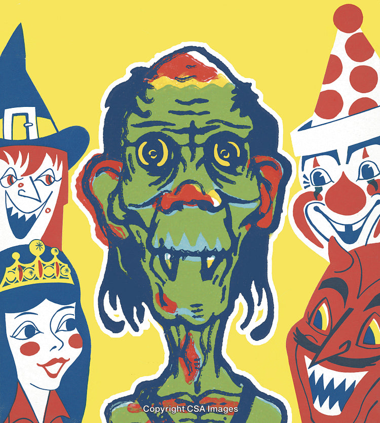 Colorful Illustration Featuring Whimsical Characters with a Surreal and Festive Tone