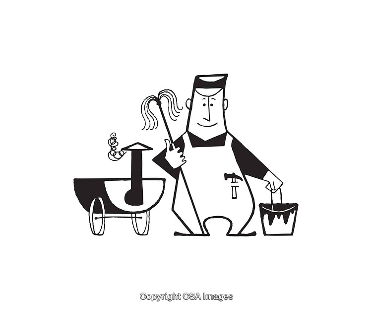 Cartoon Worker Cleaning With Mop and Bucket in Black and White Illustration