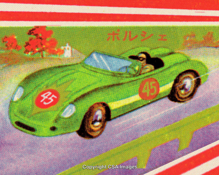 Vintage Illustration of a Green Racing Car with a Scenic Background