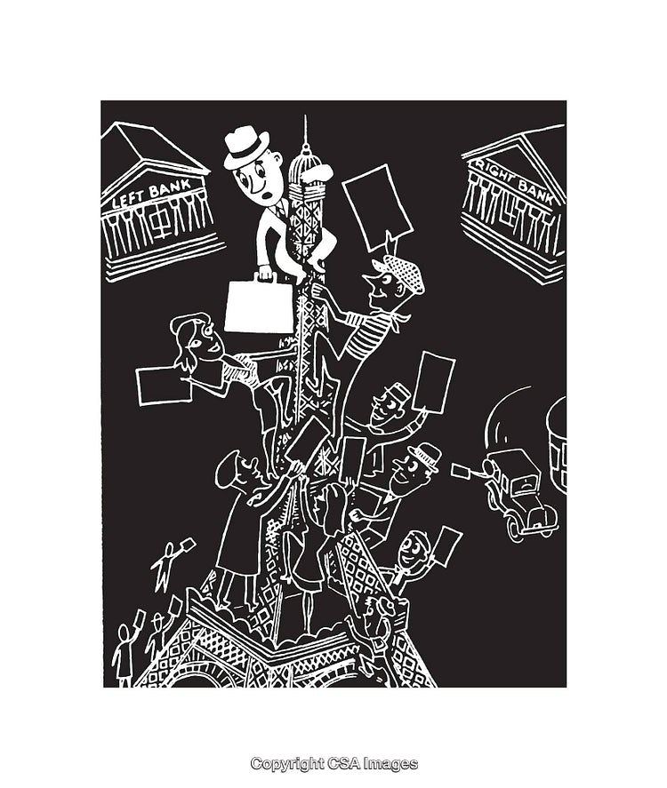 Black and White Satirical Illustration Depicting City Life and Social Interactions