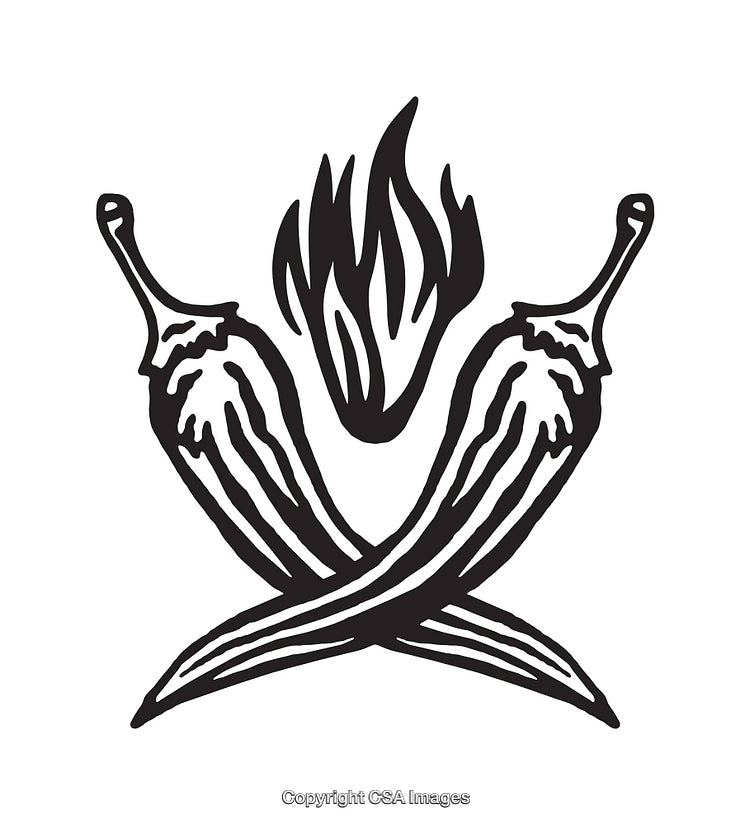 Black And White Illustration of Two Chilies With Flame Design