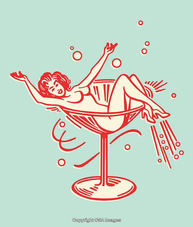 Retro Style Cartoon of Woman Relaxing in a Martini Glass Illustration