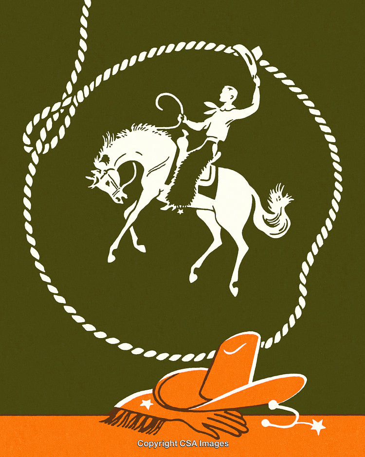Vintage Western Cowboy Illustration with Rodeo Rider and Stylized Hat Design