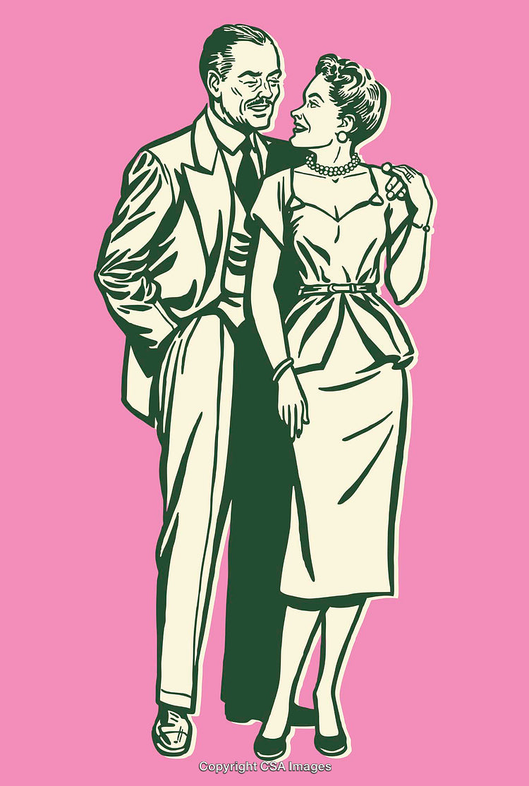Vintage Couple Illustration Highlighting Retro Fashion and Style in Line Art