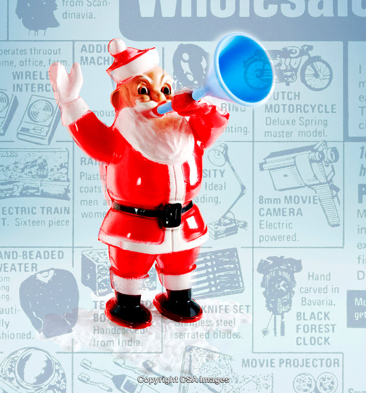 Festive Santa Claus Figure Blowing Horn with Vintage Holiday Background
