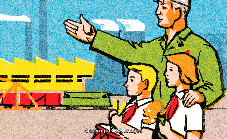 Illustration of Man Guiding Children with a Factory in Background