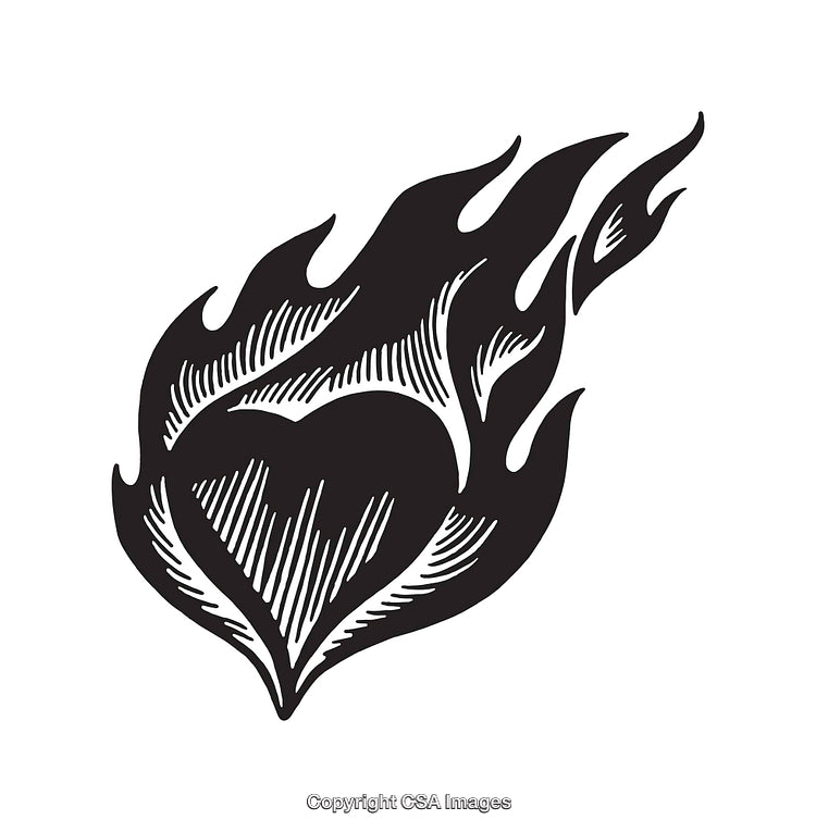 Black and White Line Art Illustration of a Flaming Heart
