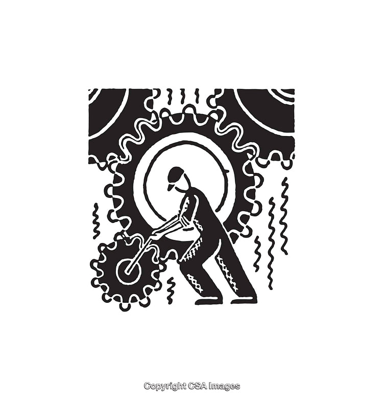 Worker Operating Large Machinery in Black and White Line Art Illustration