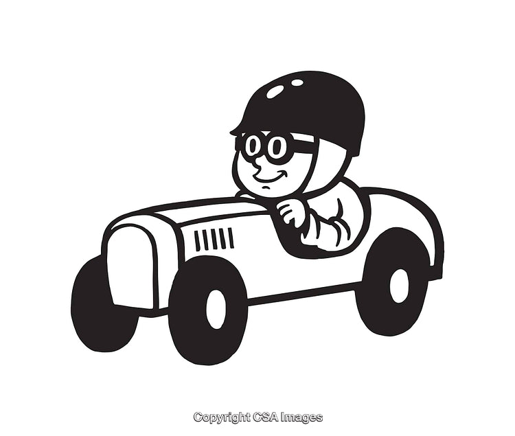 Cartoon Racer Driving Small Car in Vintage Style Illustration