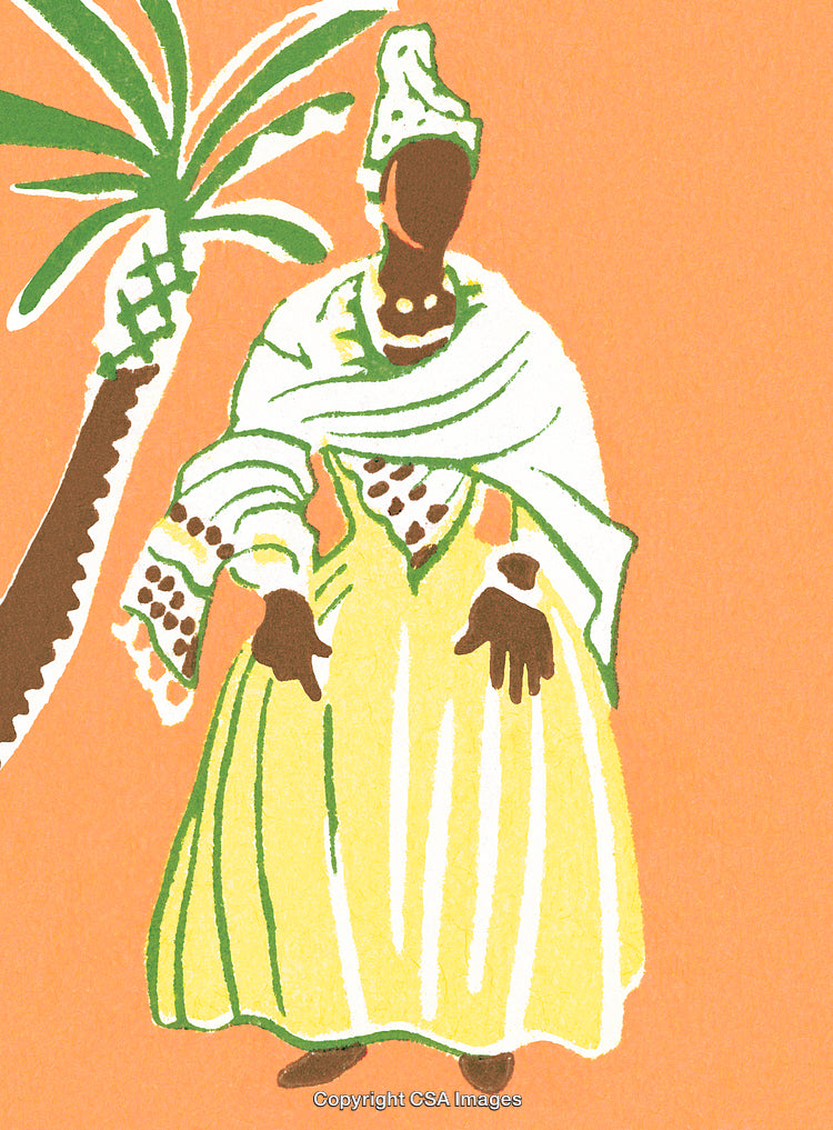 Illustrative Portrait of a Woman in Traditional Outfit with Tropical Palm Tree