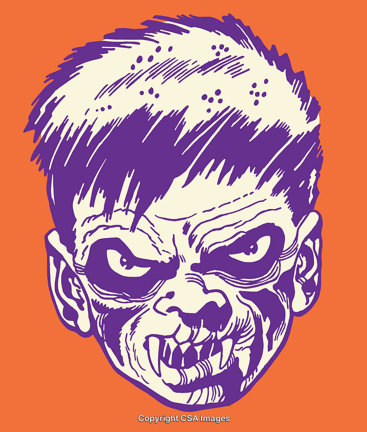 Colorful Line Art Illustration of a Fierce Monster Face on Orange Background
