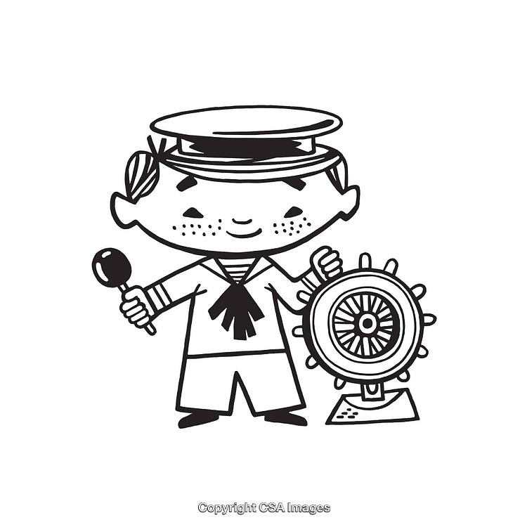 Nautical Themed Cartoon Illustration of a Sailor with a Ship's Wheel