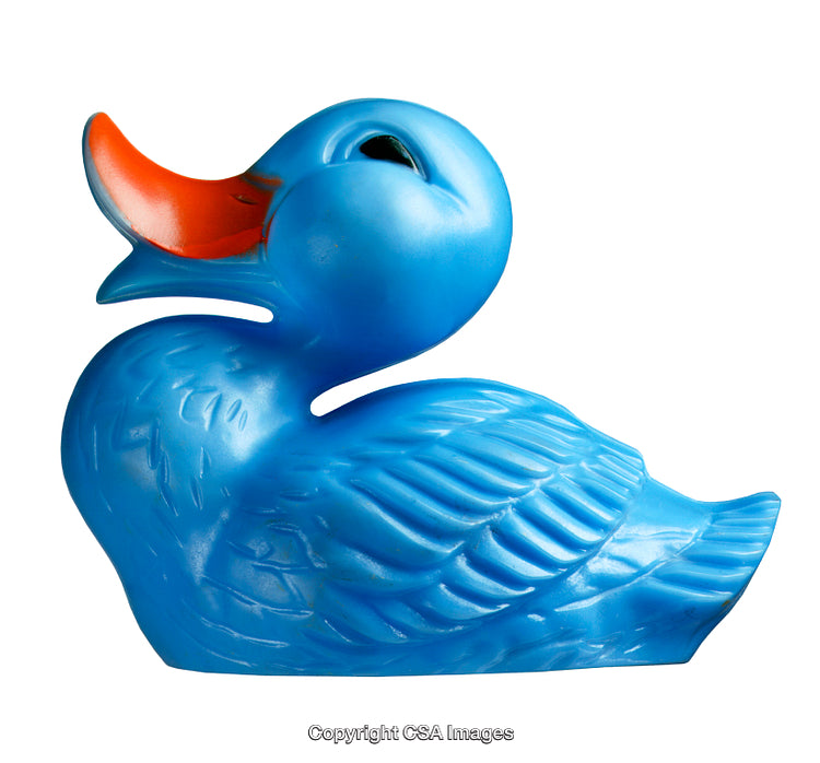 Colorful Blue Plastic Duck Toy with Orange Beak Isolated on White Background