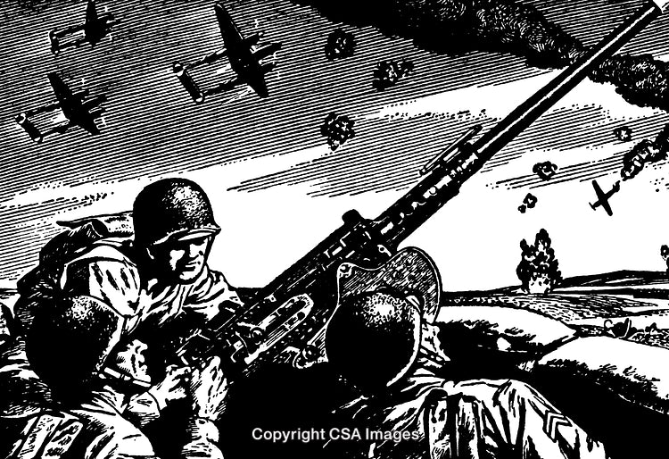 Black and White Engraving of Soldiers with Anti-Aircraft Gun During Battle
