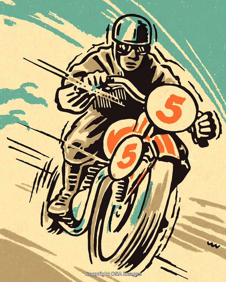 Vintage Style Illustration of Motorcycle Racer in a Dynamic Speed Scene
