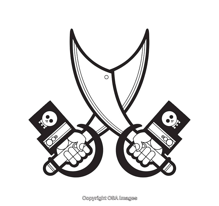 Crossed Pirate Swords with Detailed Skull Motifs in Black and White