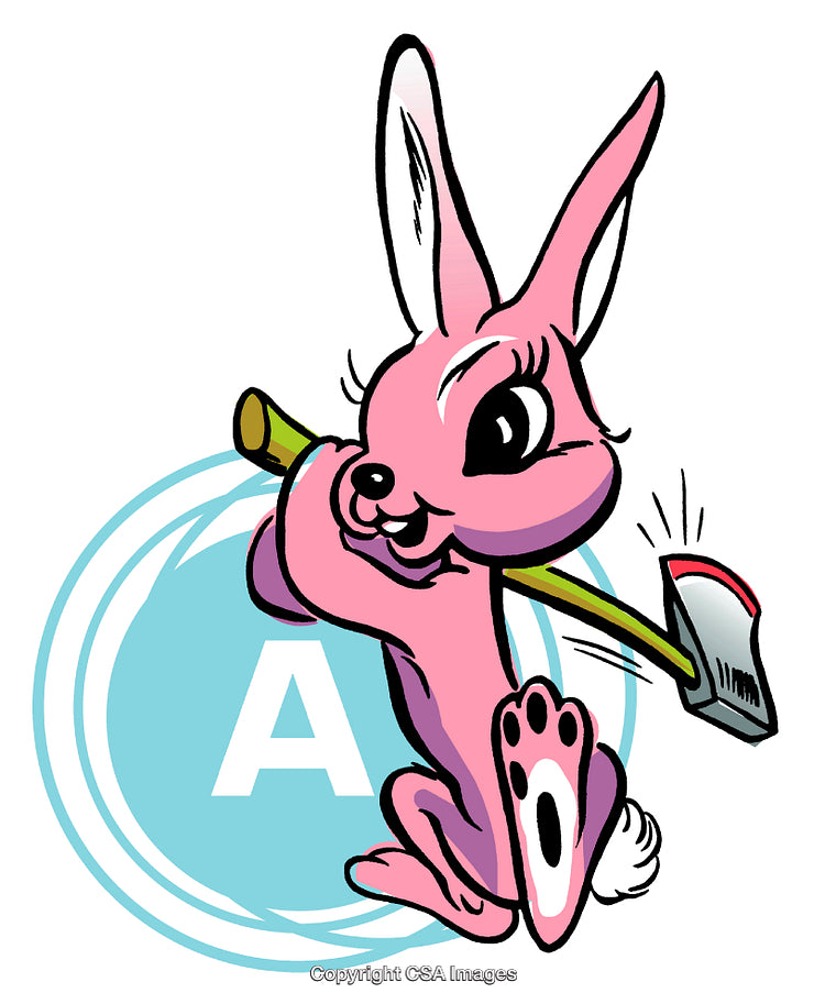 Cartoon Pink Bunny Holding a Hatchet on a Blue Background