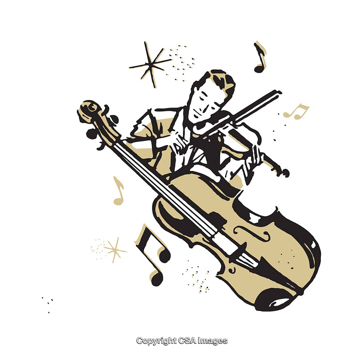 Illustration of a Musician Playing Cello with Musical Notes and Stars