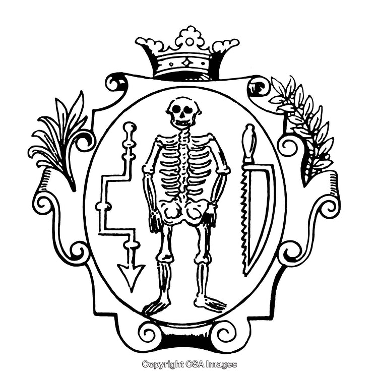 Historical Skeleton Emblem Illustration with Ornamental Border Design