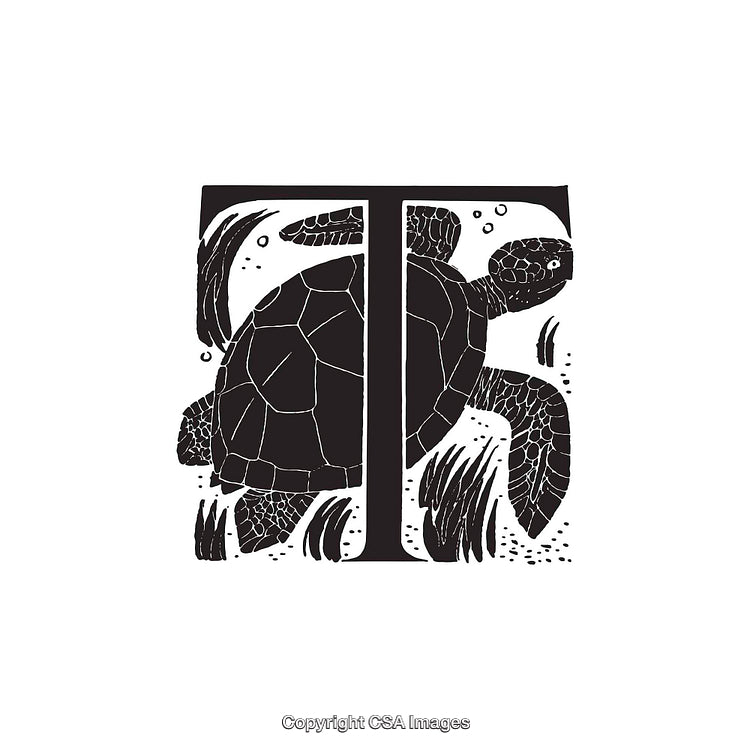 Stylized Black and White Illustration of Letter T and Turtle Motif