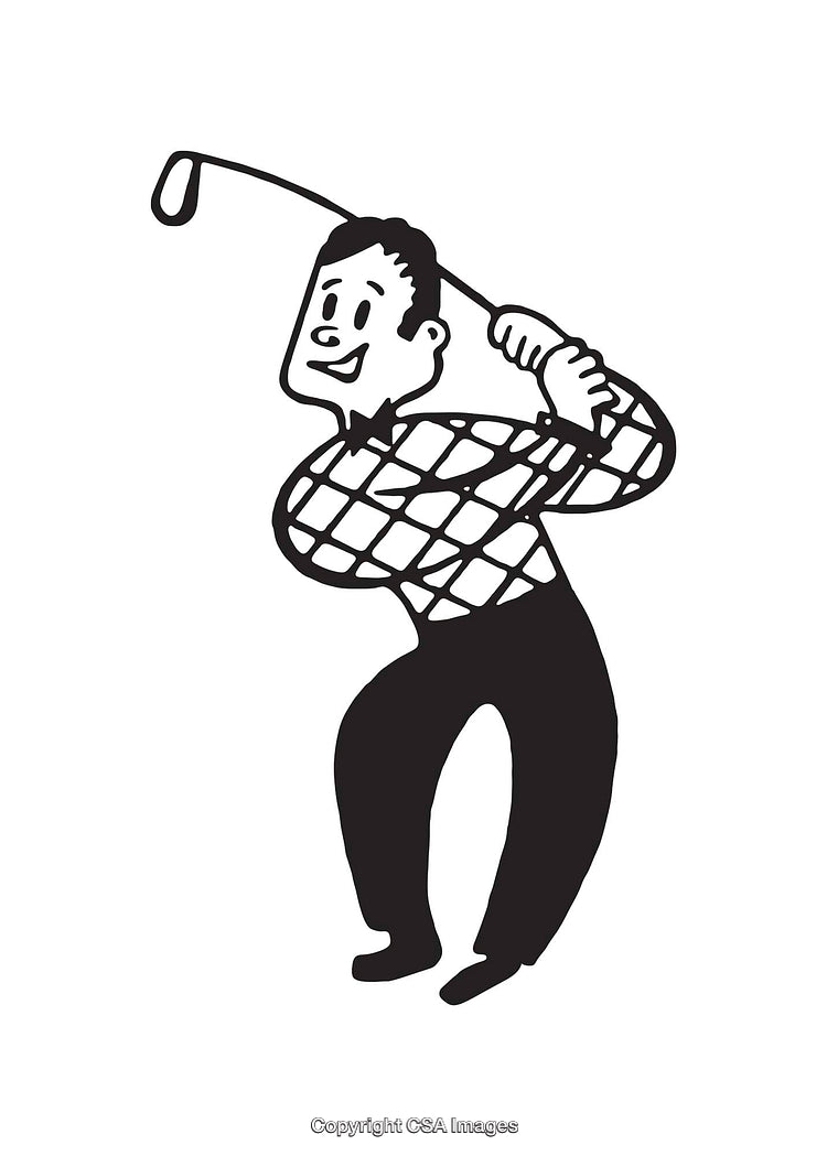 Retro Black and White Illustration of a Happy Golf Swing
