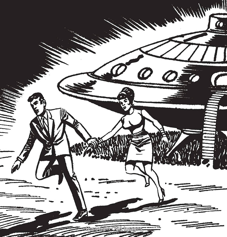 Retro Illustration of Two People Escaping Unidentified Flying Object Scene
